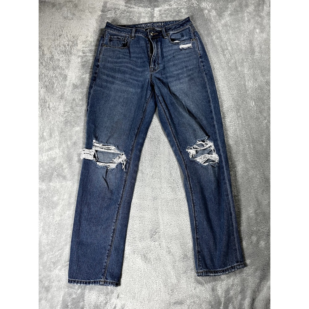 American Eagle Womens Jeans Size 6 Short Blue Denim Distressed Mom High Rise